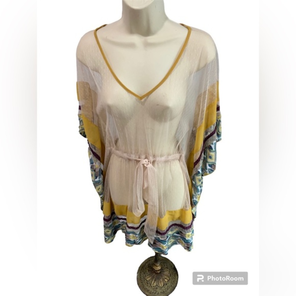 Ivory Sheer Swiss Dot Lace Poncho Elastic Tie Waist Blouse No Tag Swim Cover